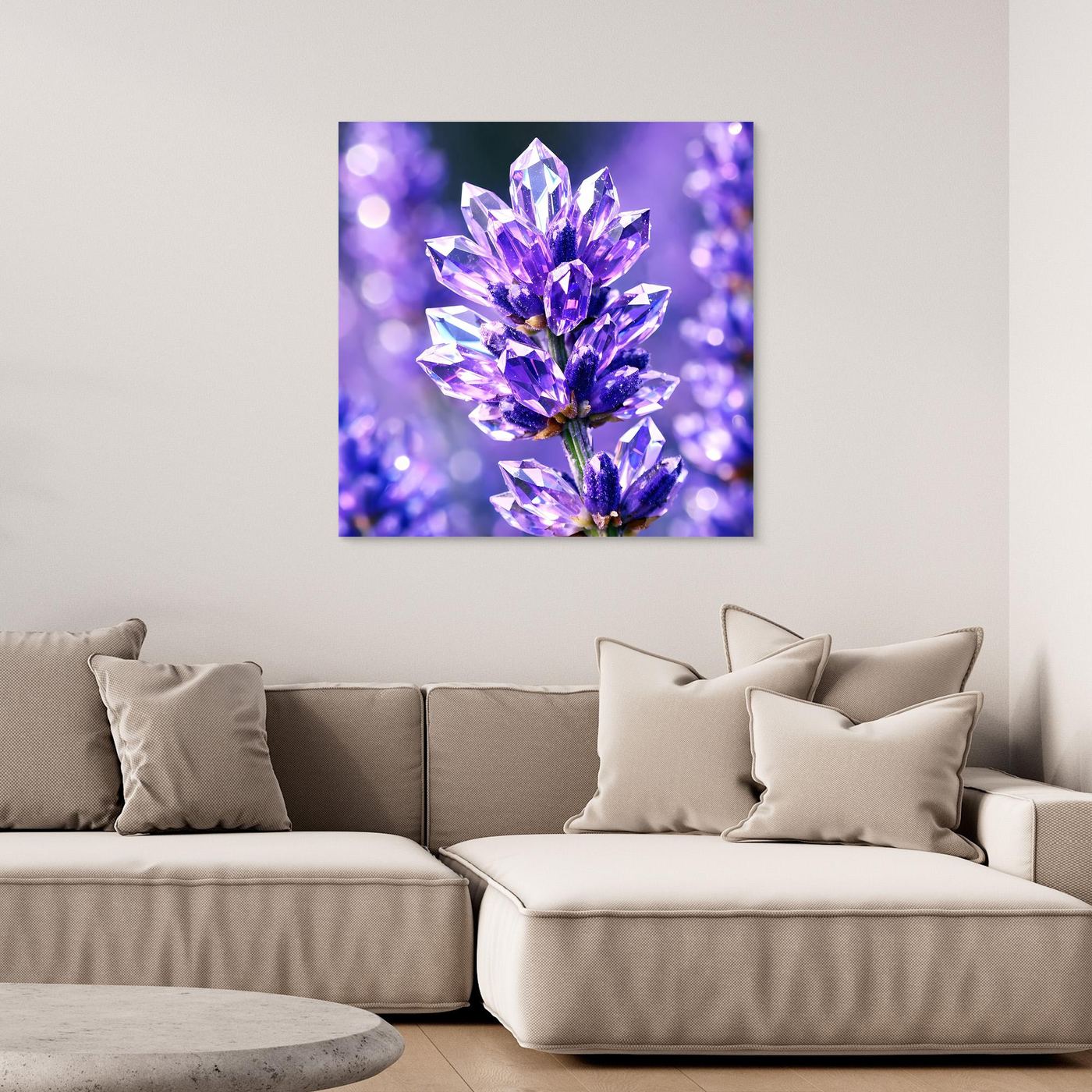 Leinwandbild mit violettem Kristallblüten-Motiv, quadratisch, ohne sichtbaren Rahmen