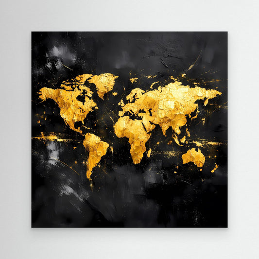 Wandbild Weltkarte in Gold und Schwarz mit abstrakter Farbstruktur auf schwarzem Grund