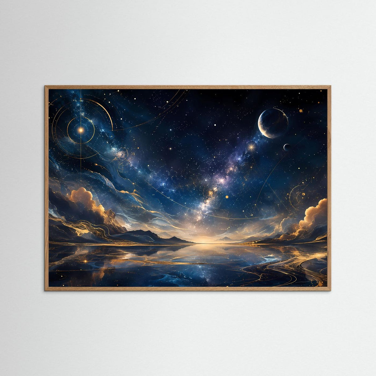 Querformatige Weltraum-Wandkunst: blau-goldener Kosmos mit Planeten und Sternen, heller Holzrahmen