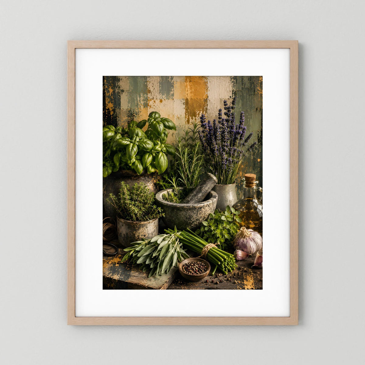 Küchenposter mit beigem Holzrahmen und Kräuterstillleben: Basilikum, Lavendel und Kräuter