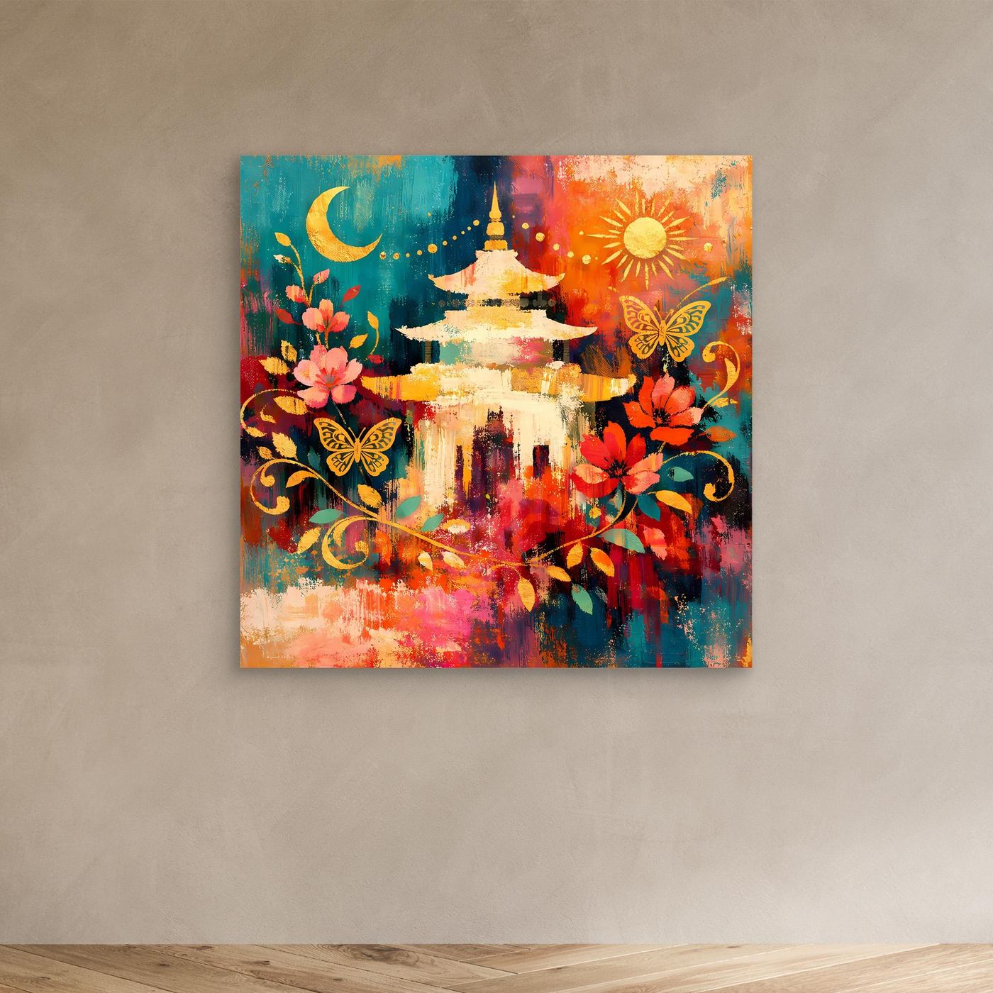 Leinwand-Wandbild ohne Rahmen mit goldener Pagode, Mond, Sonne, Blumen und Schmetterlingen