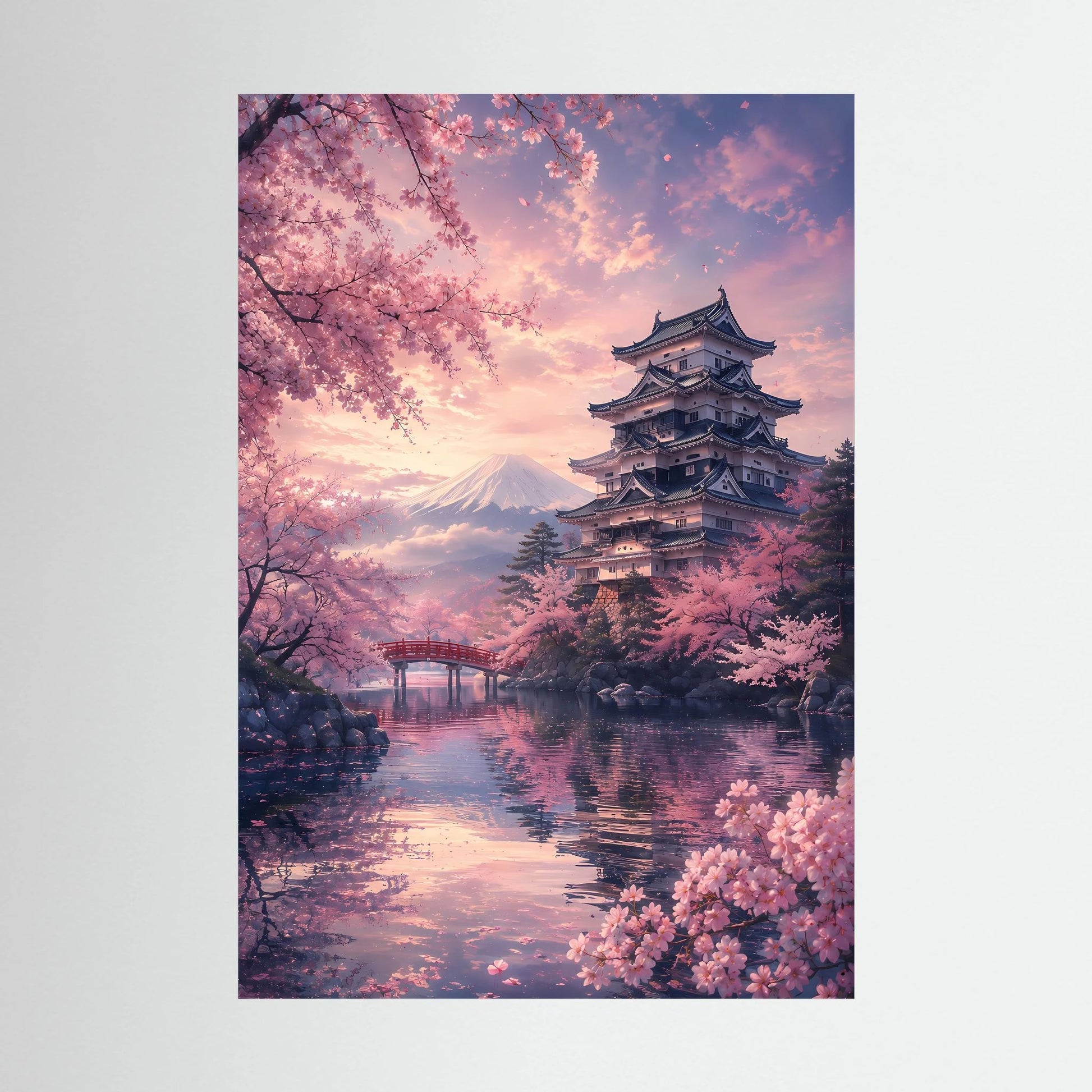 Hochformatiges Poster mit Sakura-Blüten, Tempelpagode und Bergsilhouette