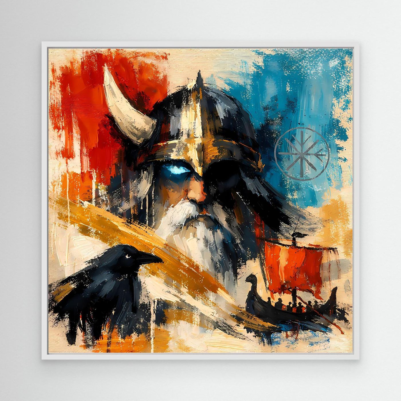 White-framed Nordic wall art featuring a Viking warrior with a raven in red and blue.