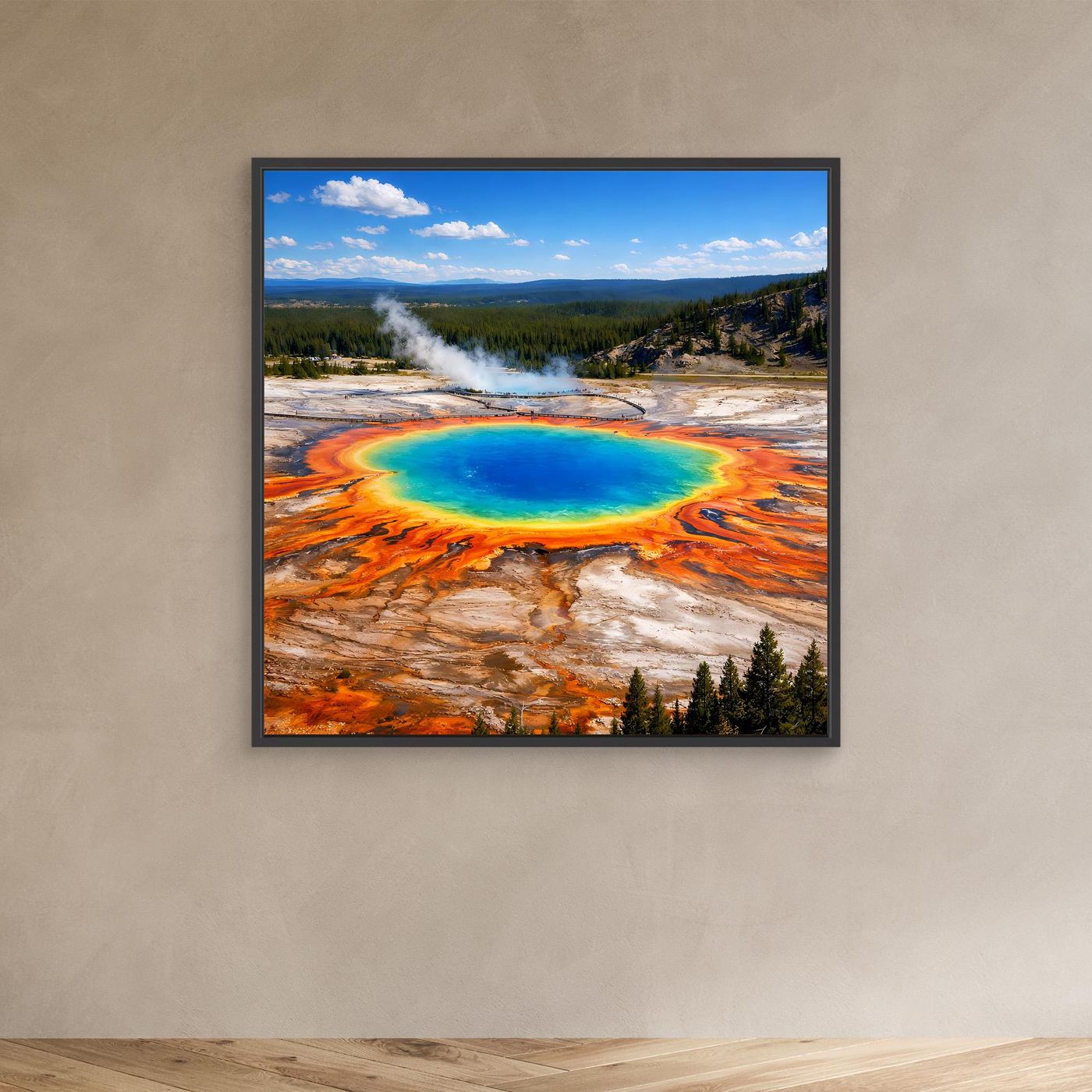 Leinwandbild Grand Prismatic Spring mit blaugrünem Becken und farbigen Rändern, schwarzer Rahmen