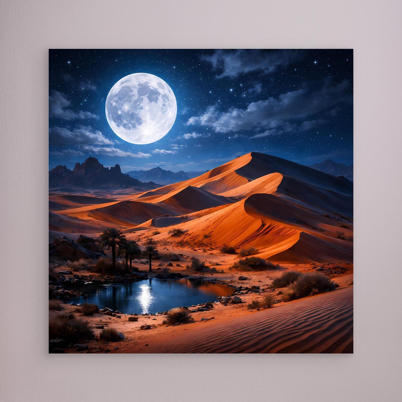 Wandbild mit Wüstenlandschaft, Mond und orangefarbenen Dünen