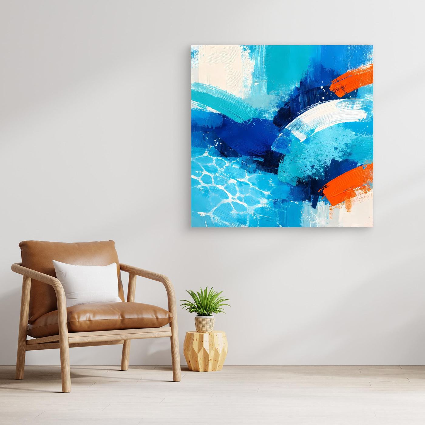 Abstract canvas wall art showing blue ocean waves with orange paint accents
