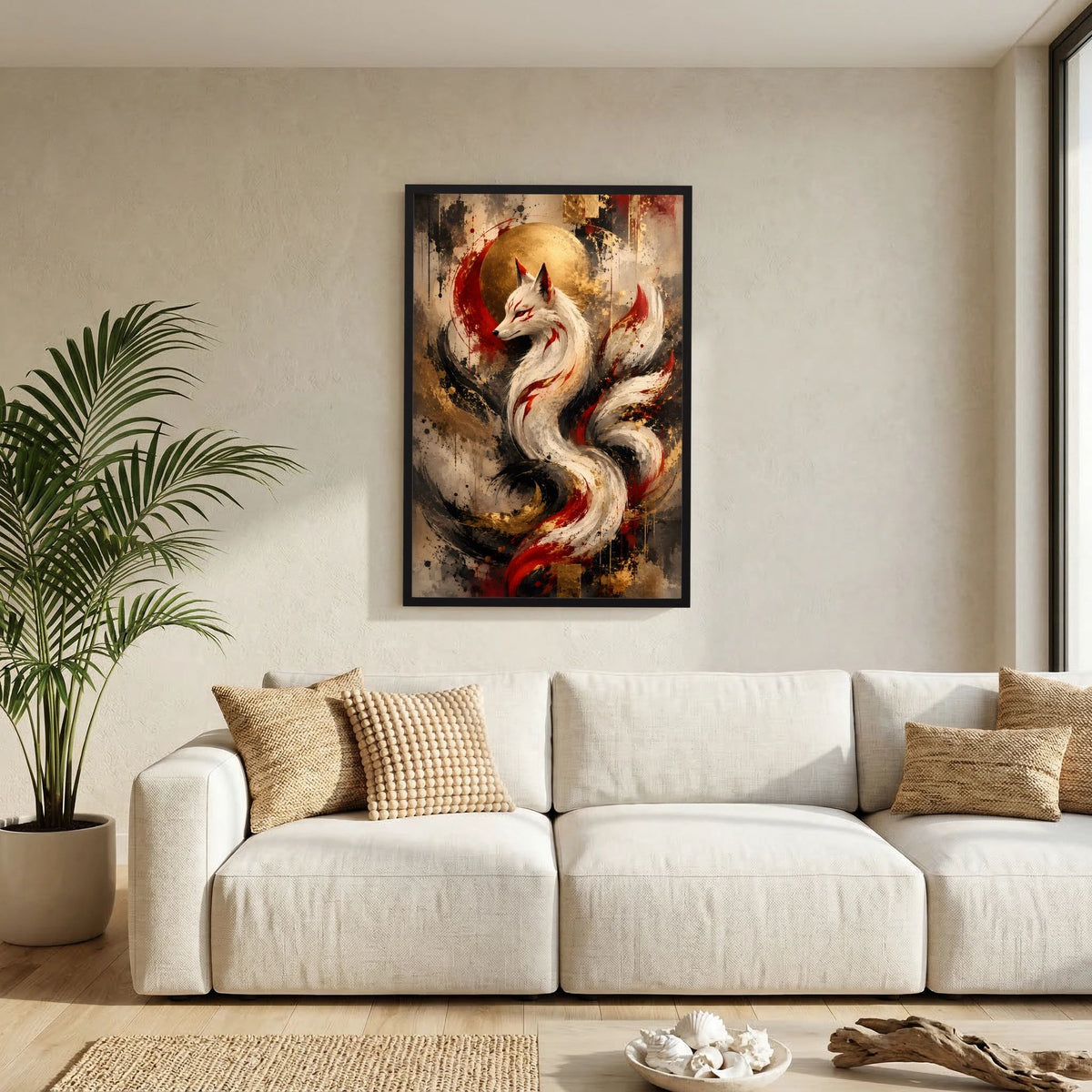 Kunstposter im Hochformat mit weißem Fuchs und goldenem Mond, im schwarzen Rahmen.