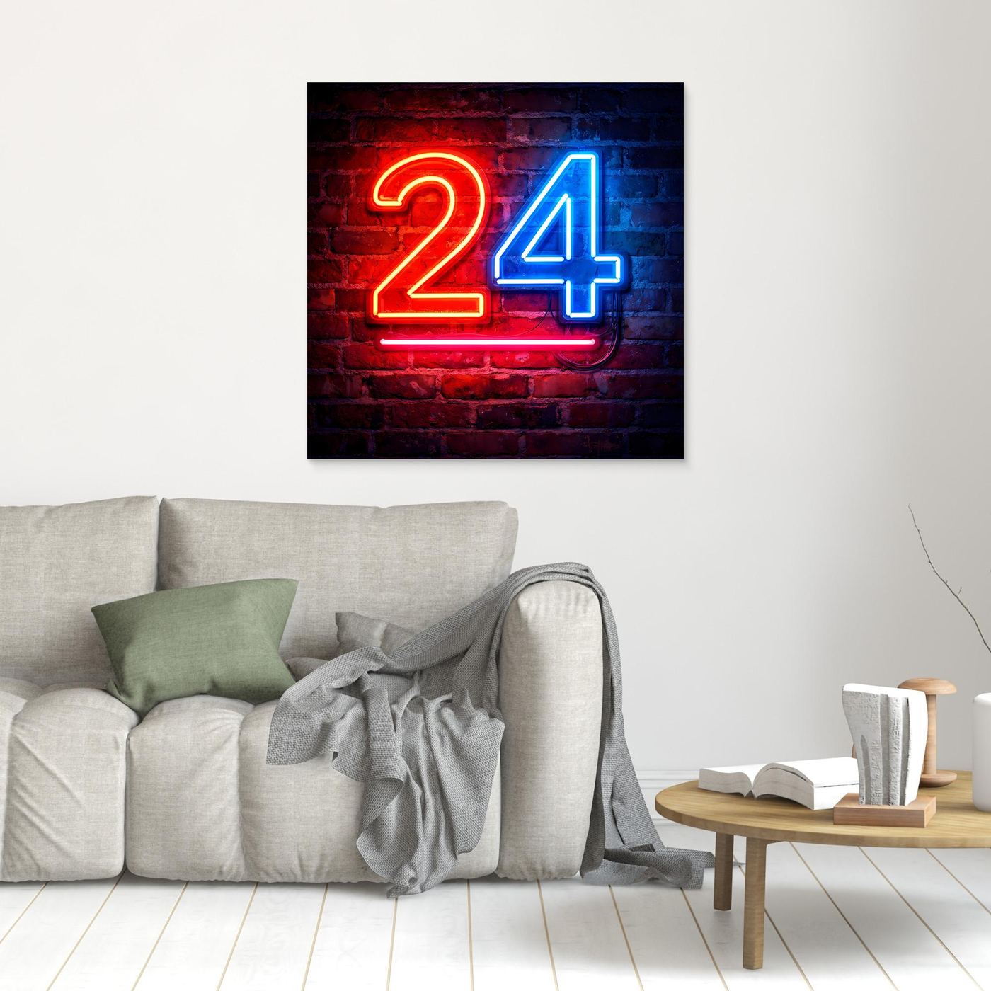 Leinwandbild mit Neon-Zahl „24“ auf Backstein, ohne sichtbaren Rahmen