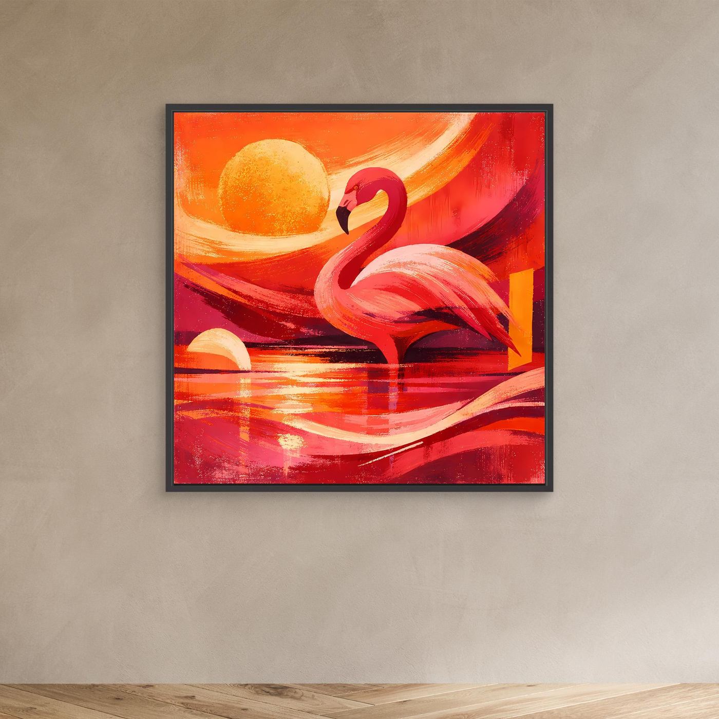 Kleines Leinwand-Wandbild im schwarzen Rahmen: roter Flamingo, gelbe Sonne und rotes Wasser