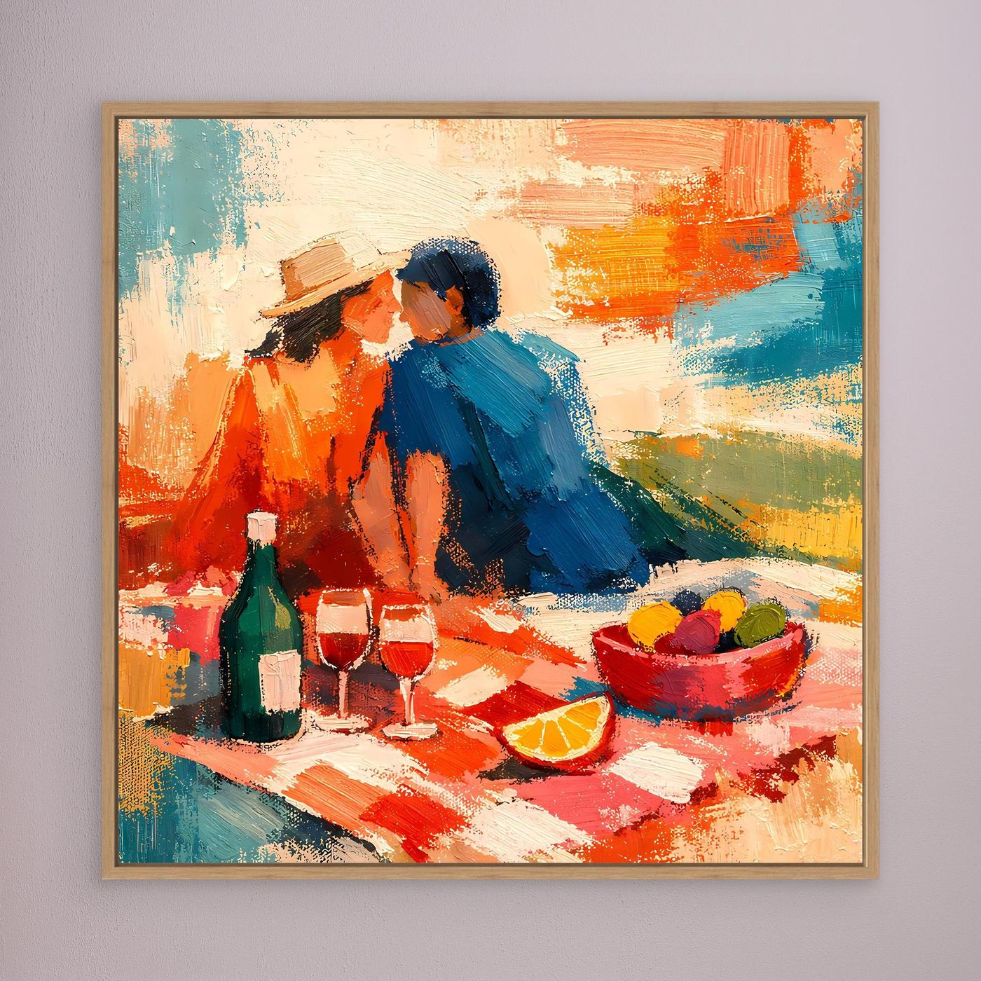 Leinwand-Wandbild mit abstraktem Picknick-Pärchen, Holzrahmen