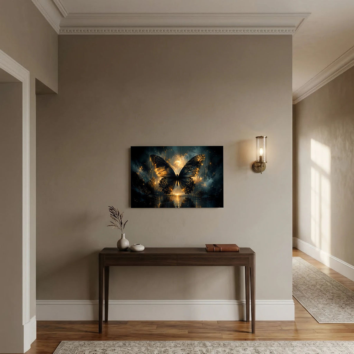 Wandposter mit gold-schwarzen Schmetterflügeln im Querformat