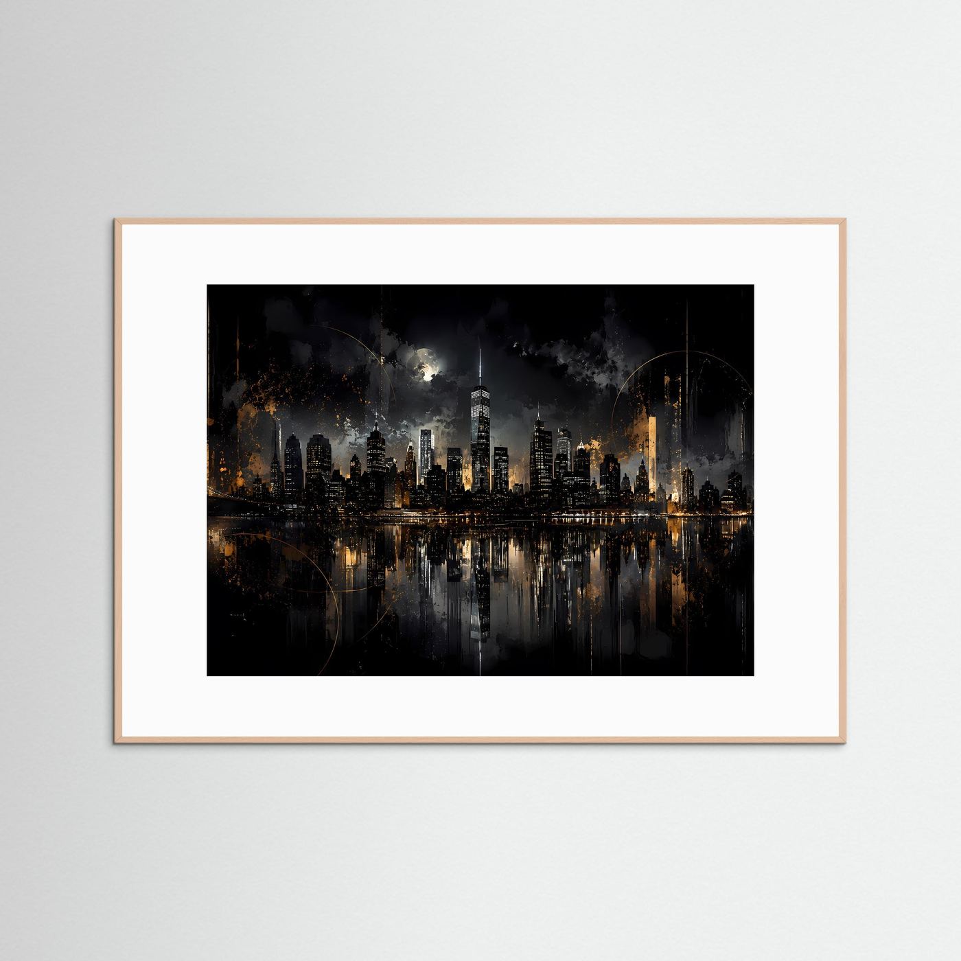 New York Skyline bei Nacht in Schwarz & Gold | Abstrakte City Wandkunst