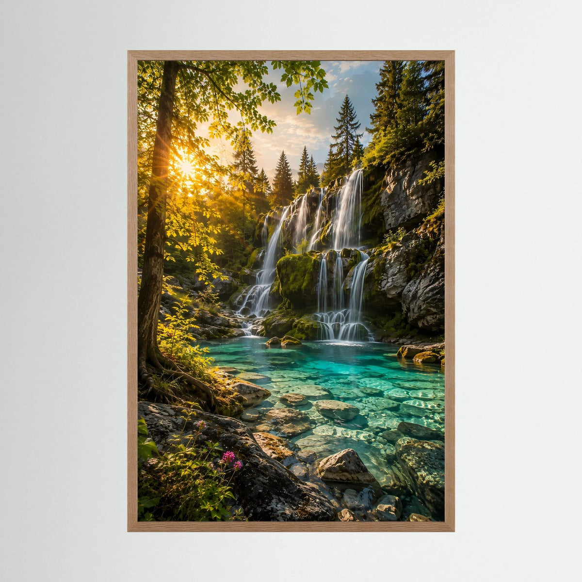 Wasserfall-Poster, türkisfarbenes Wasser im Wald, heller Holzrahmen, Hochformat