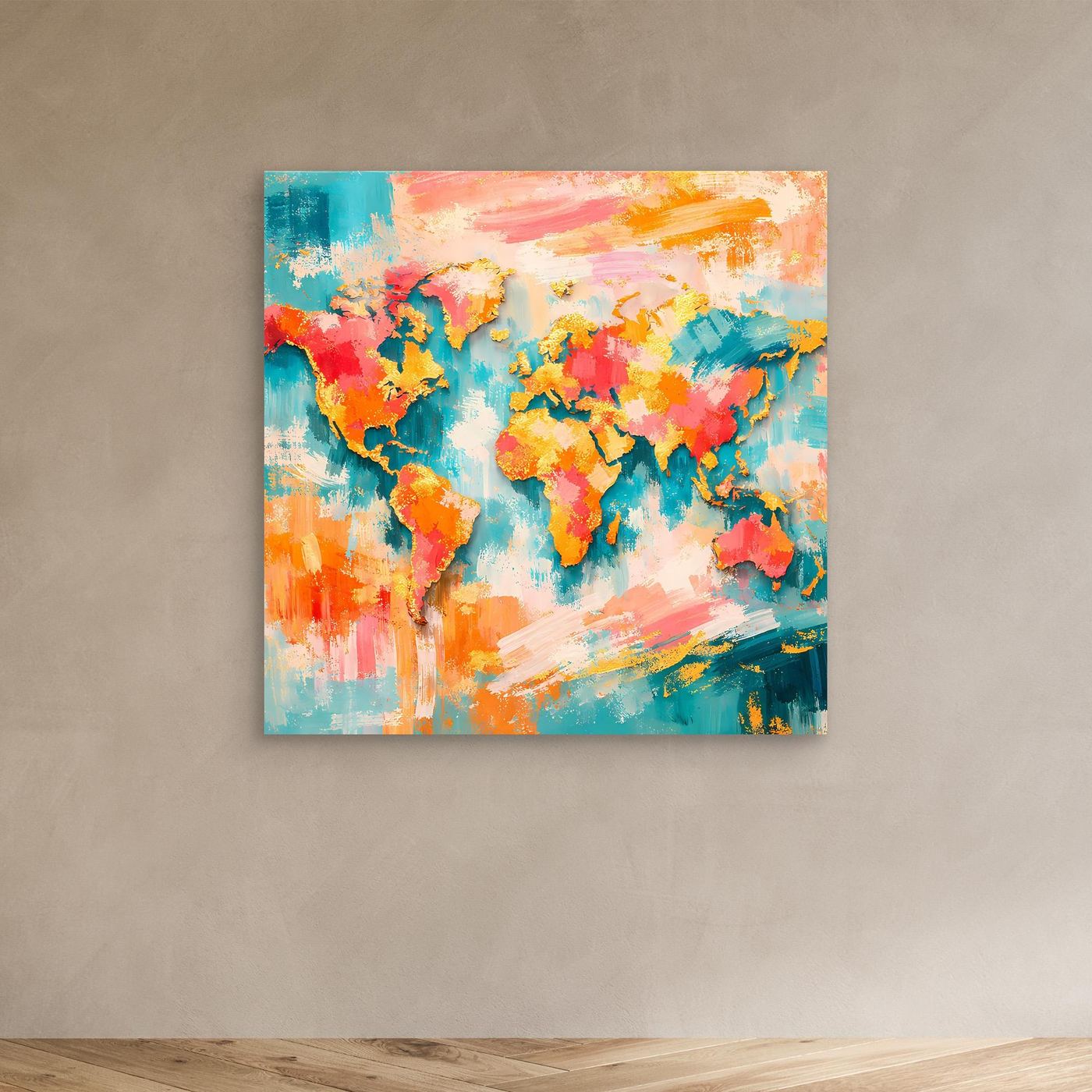 Abstrakte Weltkarte auf Leinwand, buntes Pinselbild, ohne Rahmen