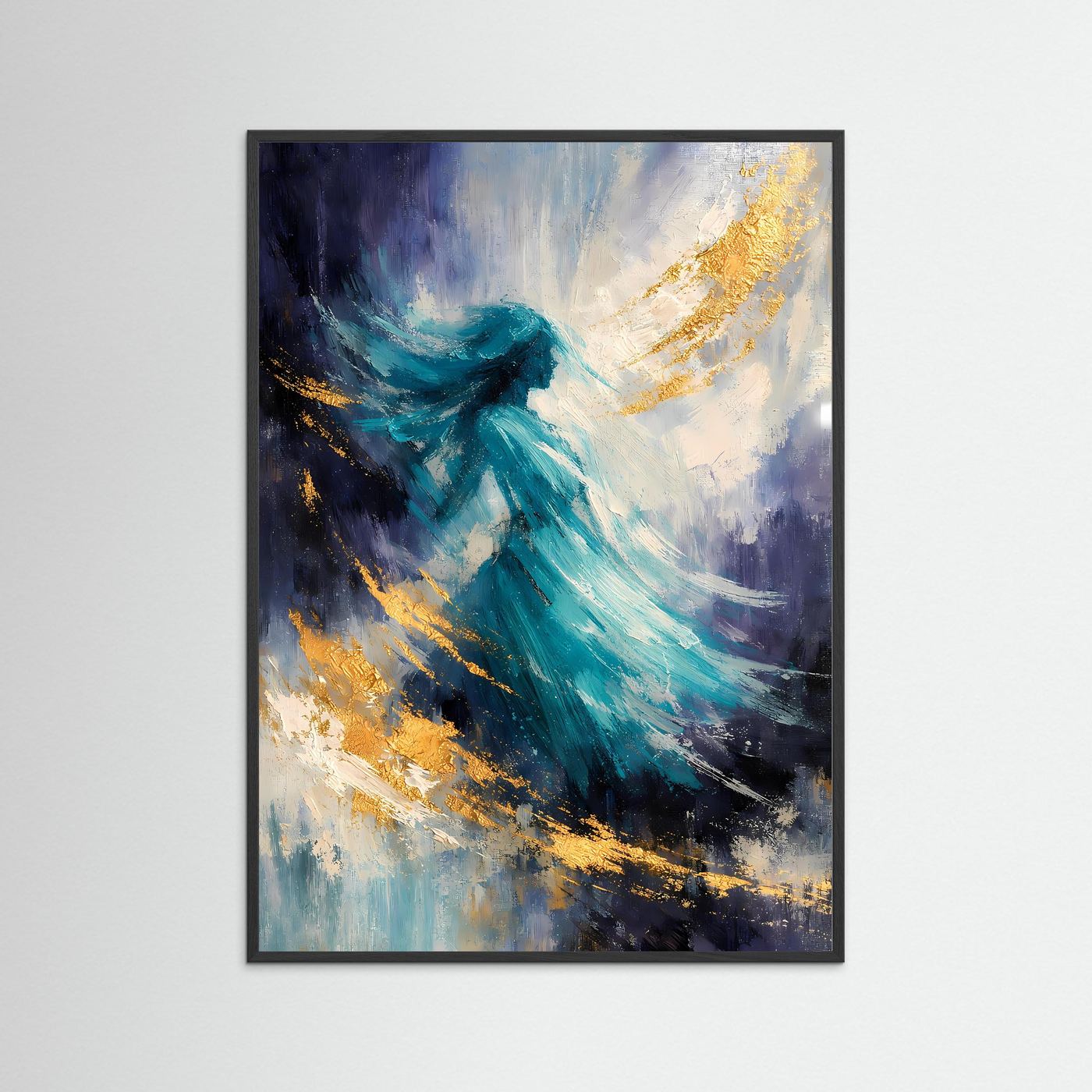 Abstraktes Fantasy-Poster im Hochformat mit schwarzem Rahmen, türkisblau und Goldakzenten