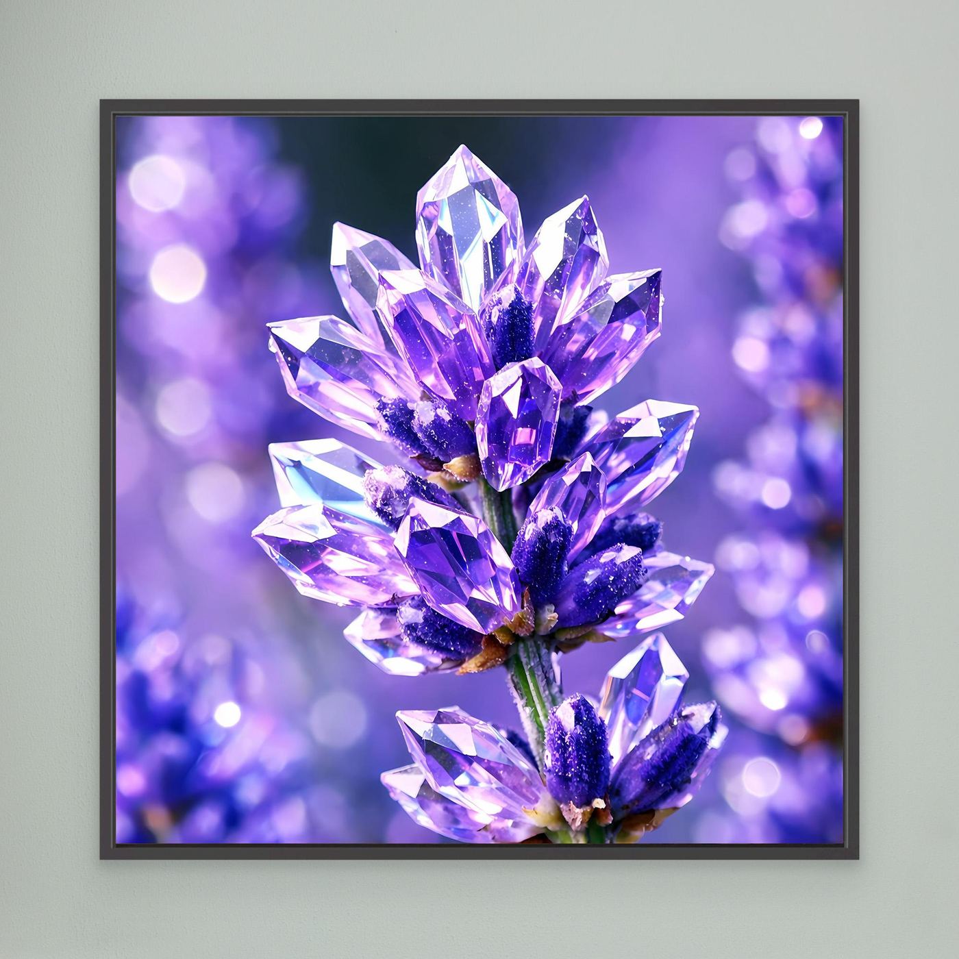 Leinwandbild mit violettem Kristallblütenmotiv, schwarzer Rahmen