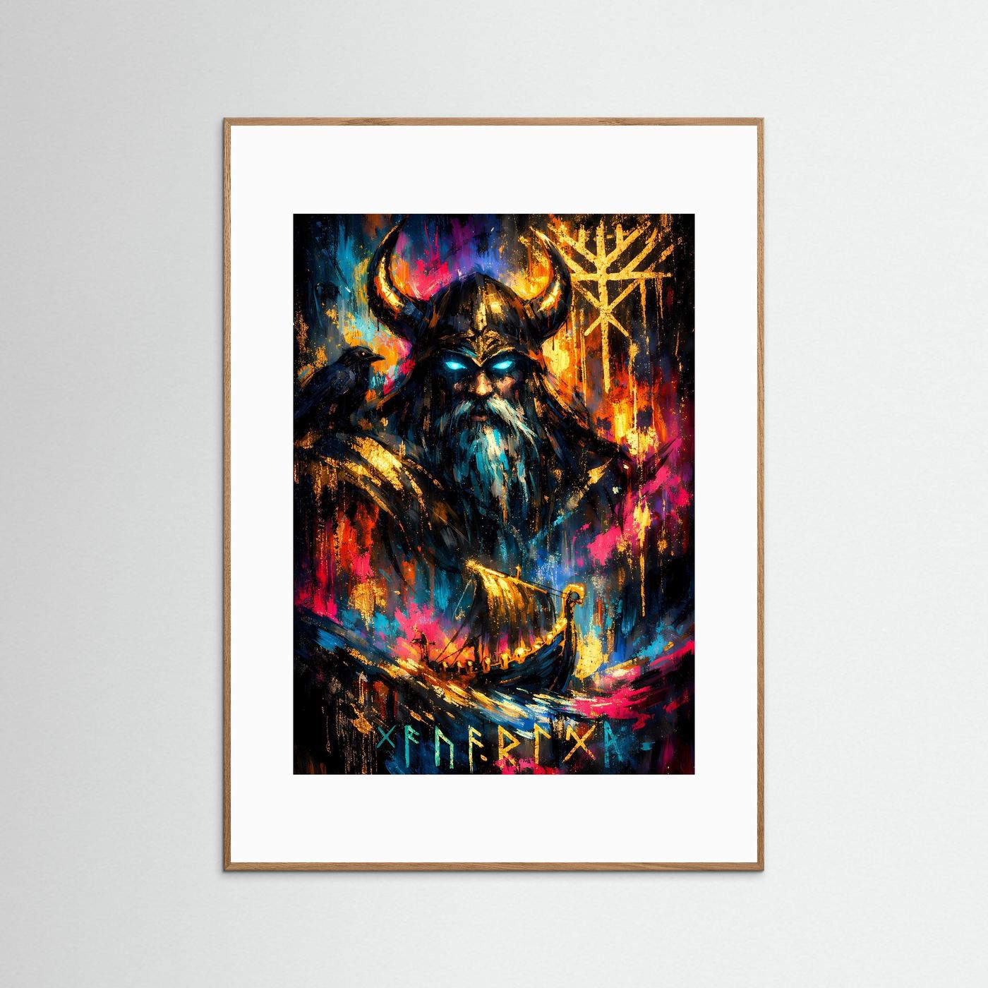 Wikinger-Odin-Poster im Hochformat mit goldbraunem Holzrahmen und buntem Nordkunstmotiv