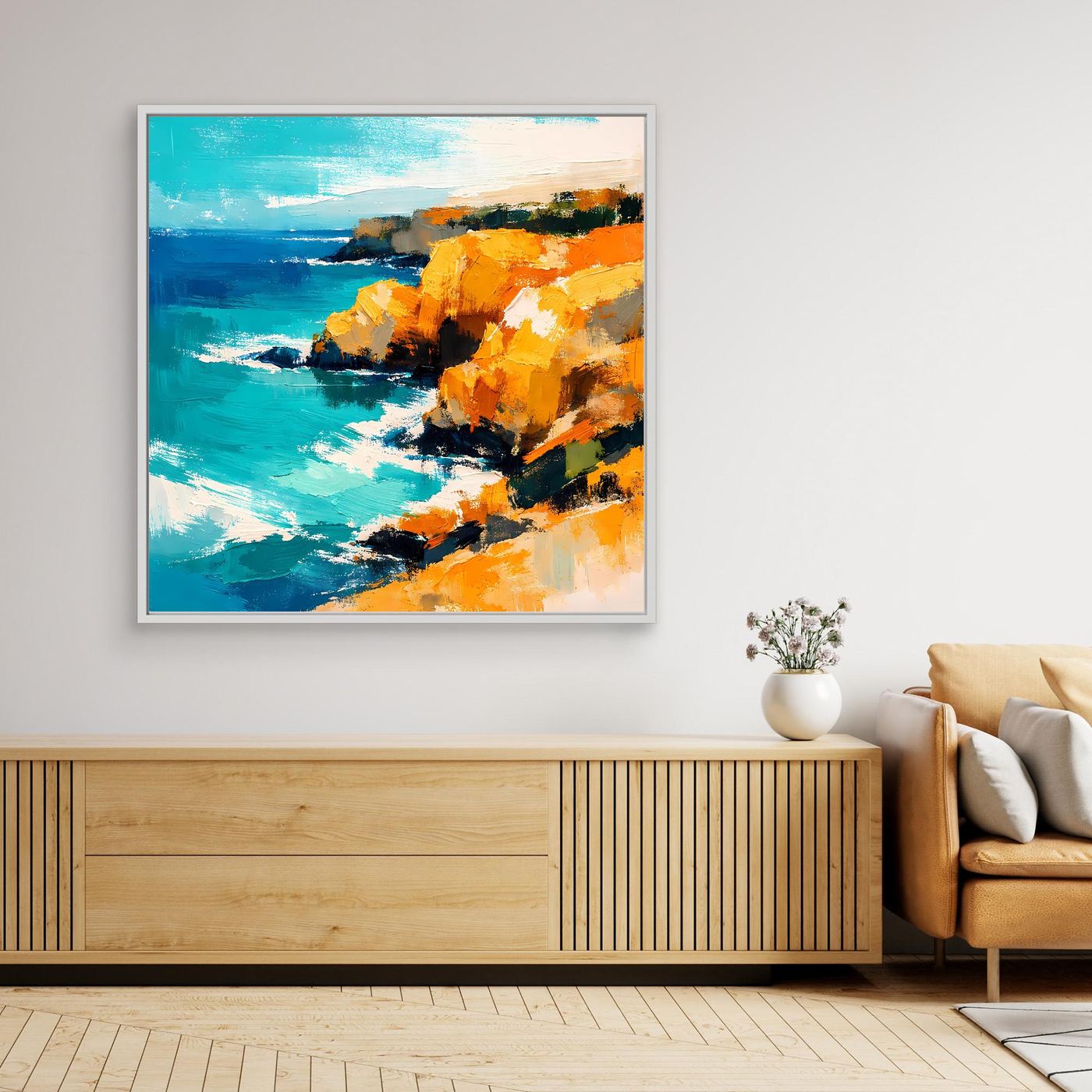 Leinwand Abstraktes Steilküsten Gemälde | Modernes Mediterranes Meeres Wandbild Blau Gelb