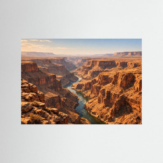 Canyon-Panorama-Poster mit Fluss in Schluchten, ohne sichtbaren Rahmen