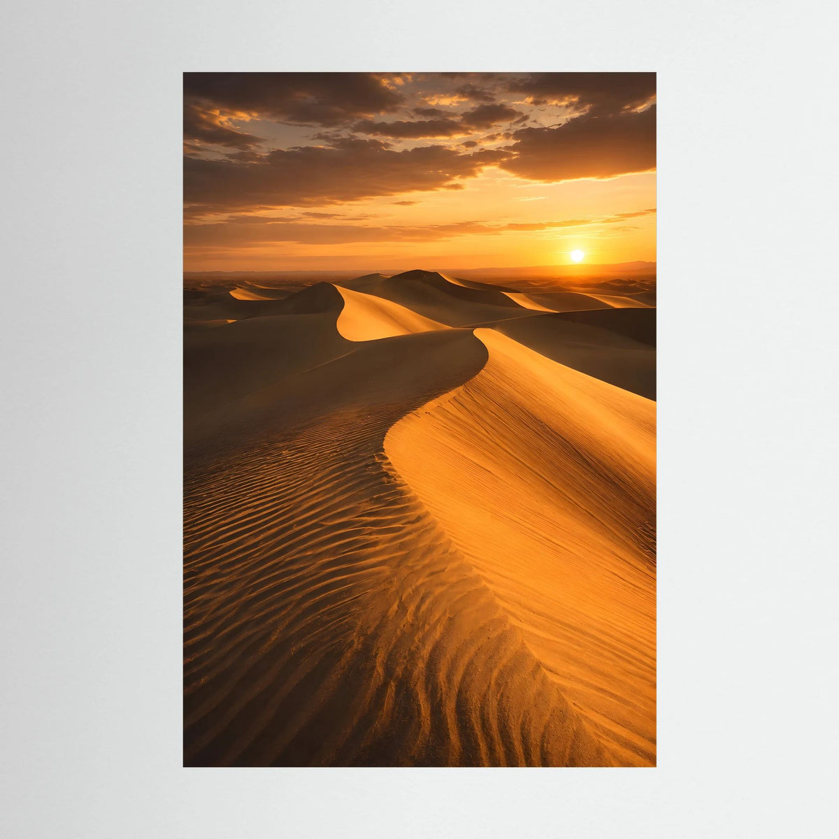 Hochformatiges Poster mit Sanddünen bei Sonnenuntergang, strahlendes warmes Orange