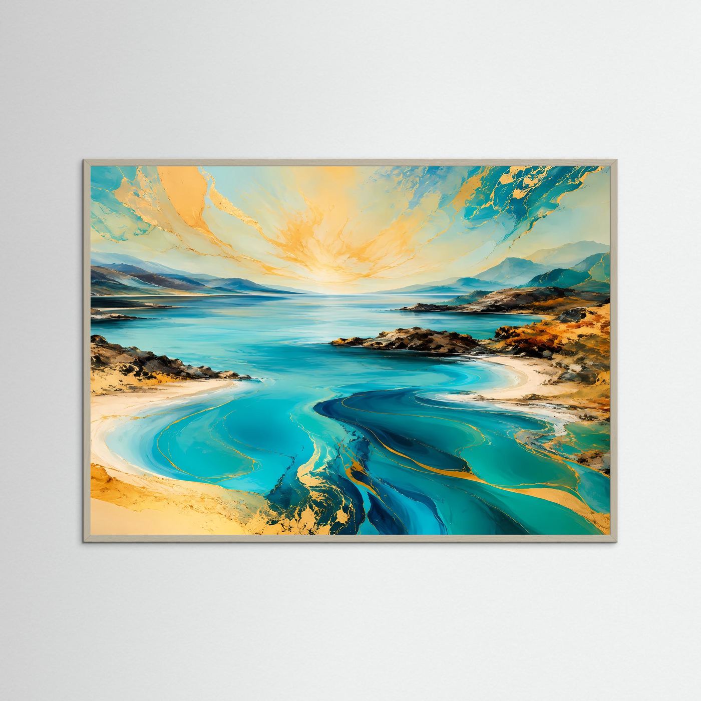 Abstrakte Küstenlandschaft Poster | Türkis Gold Meer Wandbild | Moderne Landschaftskunst mit Marmor-Effekt