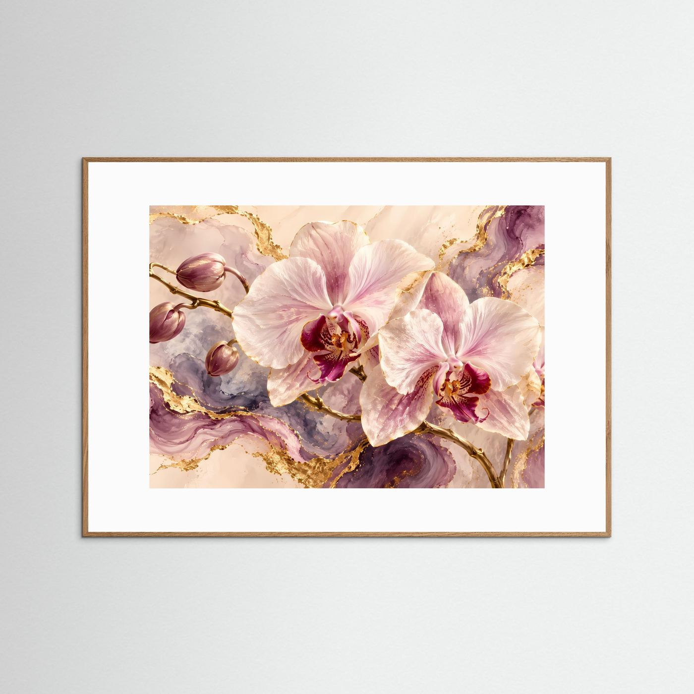 Querformat-Poster mit Orchideen und Goldmarmor, hellbrauner Holzrahmen