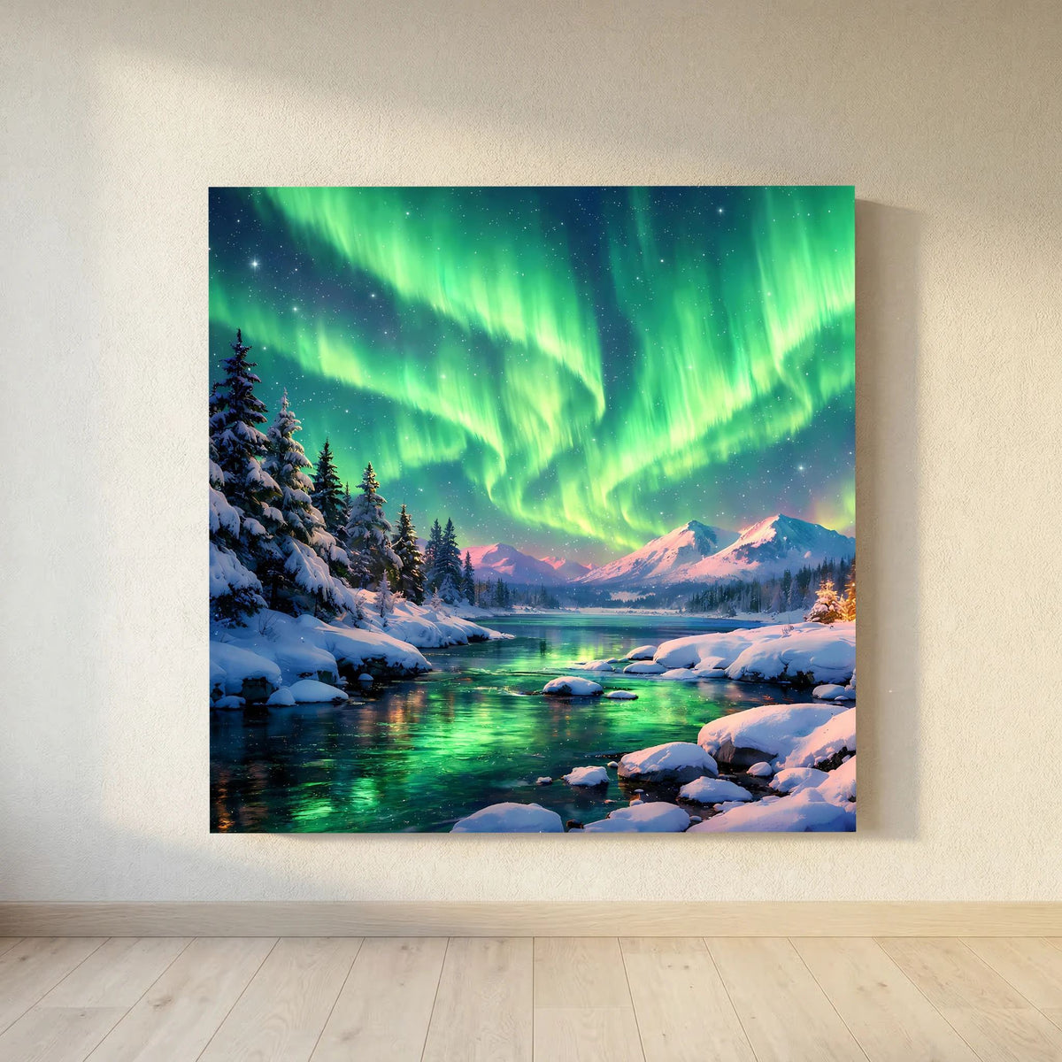 Leinwandbild: grüne Polarlichter über Bergsilhouetten, Fluss und Schneefelsen auf Holzkeilrahmen