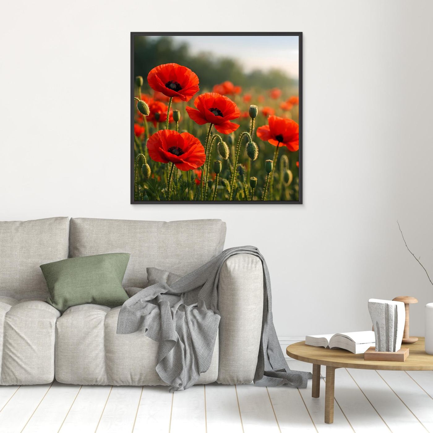 Wandbild mit rotem Klatschmohn auf grünem Feld, schwarzer Rahmen