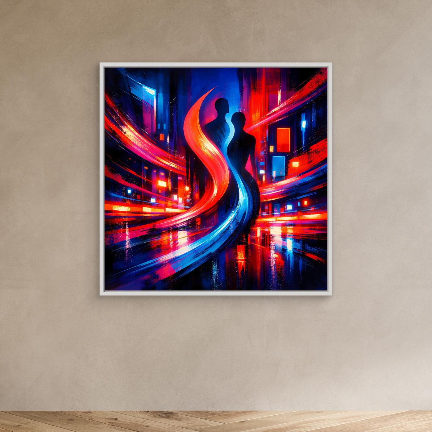 Abstraktes Leinwand-Wandbild mit weißem Rahmen, Neon-City und Paar-Silhouette