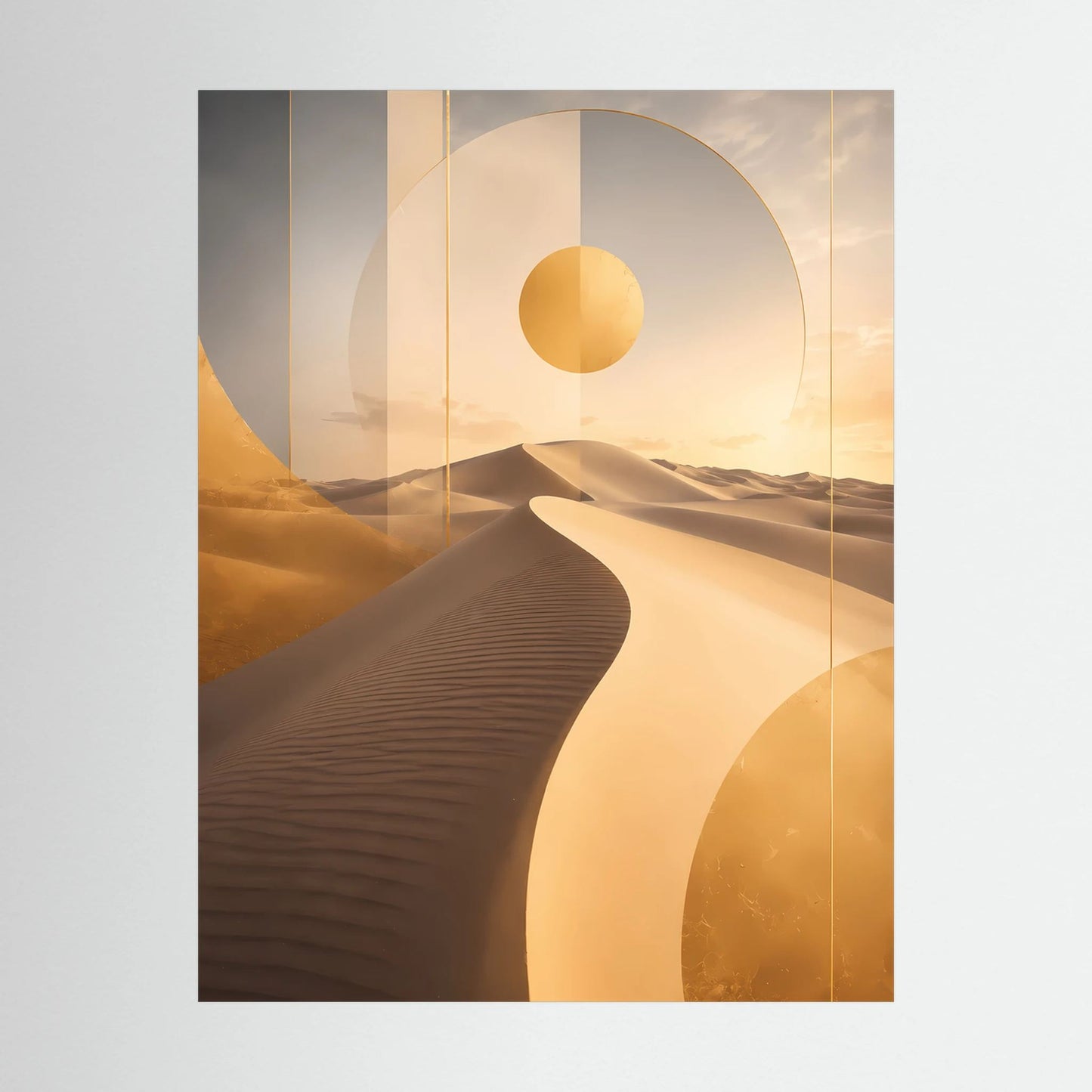 Abstraktes Hochformat-Poster mit goldener Sonne über Dünen, ohne Rahmen
