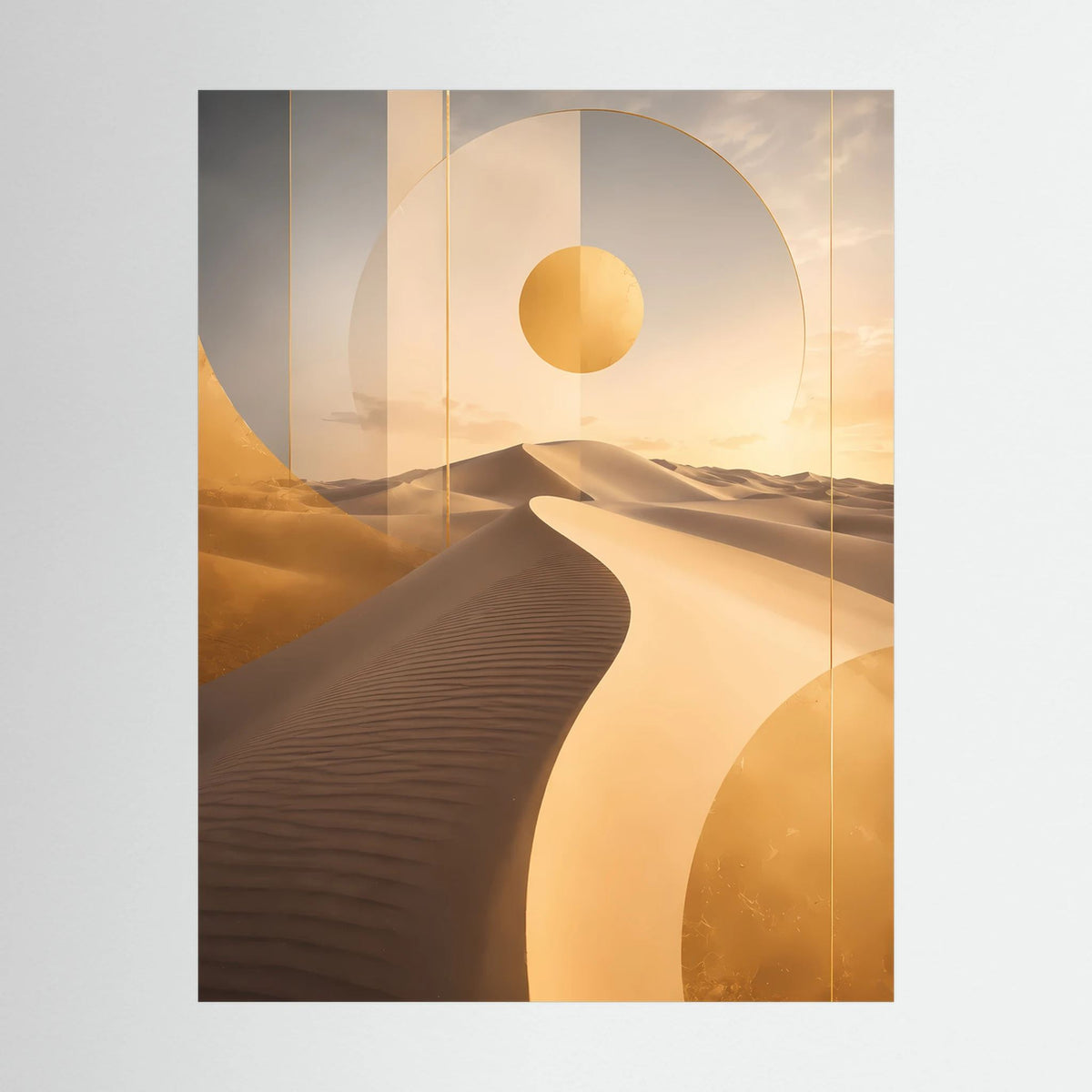 Abstraktes Hochformat-Poster mit goldener Sonne über Dünen, ohne Rahmen