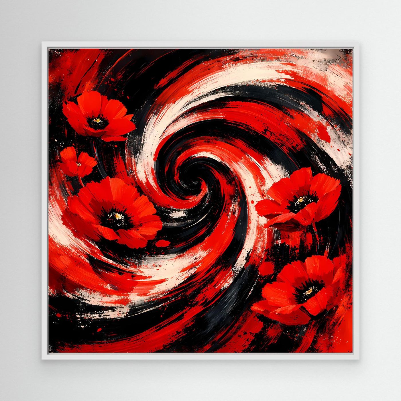 Leinwandbild mit roten Mohnblumen und schwarzen Spiralen, im weißen Rahmen