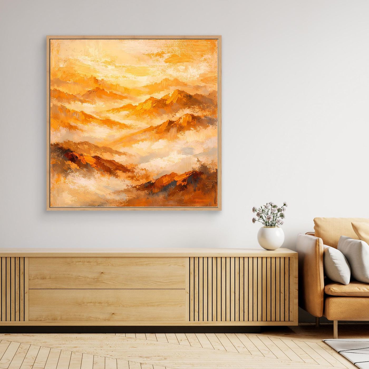 Gerahmtes Leinwand-Wandbild mit abstrakten Bergen in Gold- und Orangetönen, quadratisch