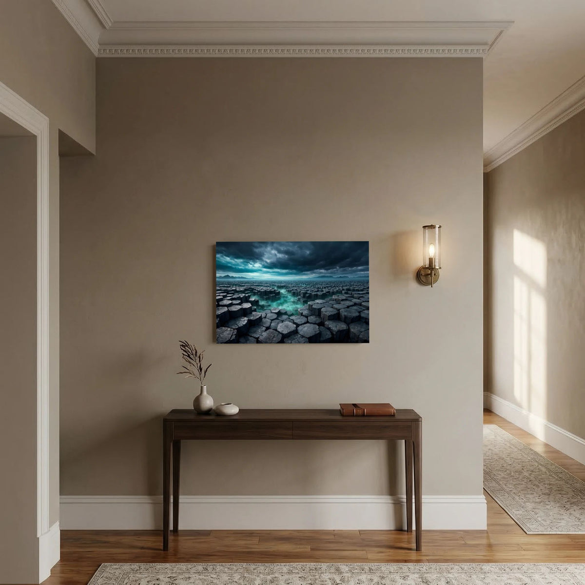 Wandbild im Querformat mit Basaltfelsen und türkisfarbenem Fluss