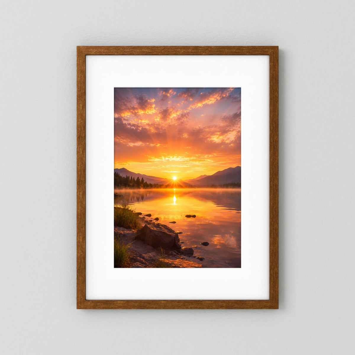 Hochformat-Poster Sonnenuntergang am Bergsee mit braunem Holzrahmen