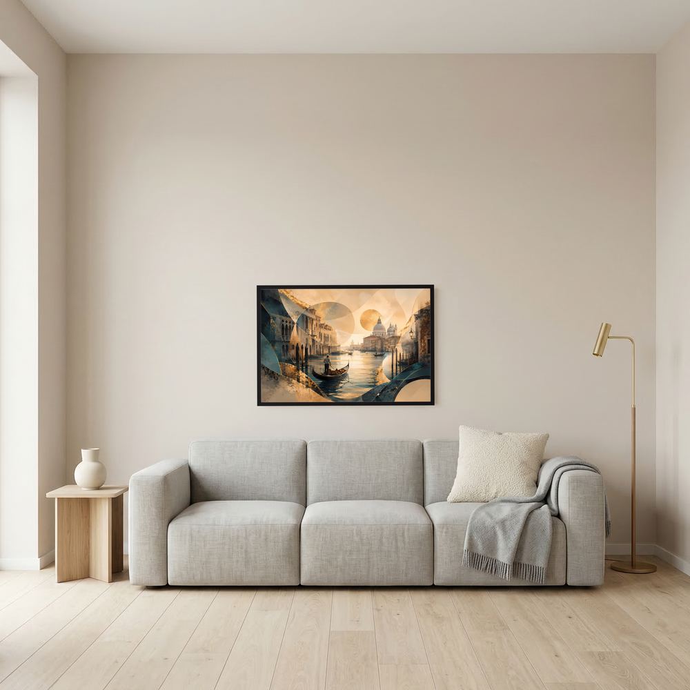 Wandbild im Querformat mit schwarzem Rahmen, abstrahierte Stadtlandschaft mit Gondel