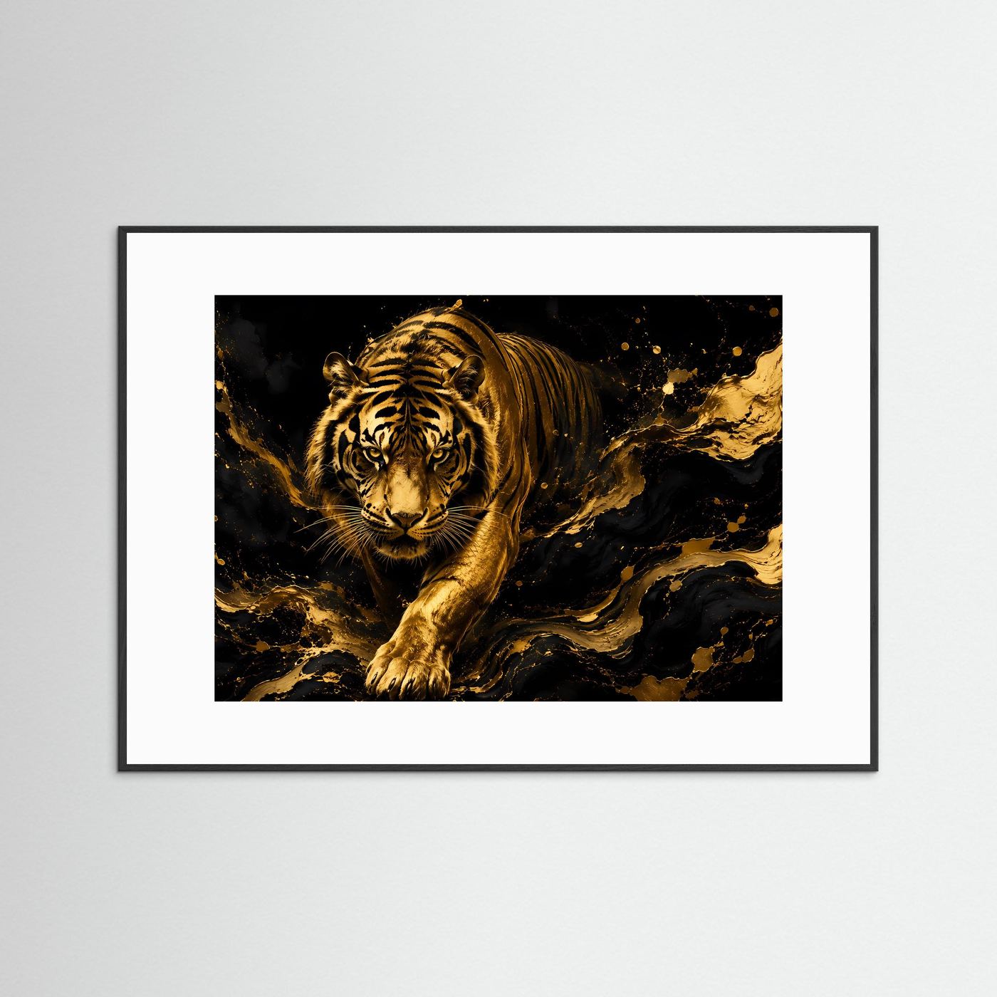 Poster mit goldfarbenem Tiger in Schwarz, Querformat, schwarzer Rahmen und weißer Rand
