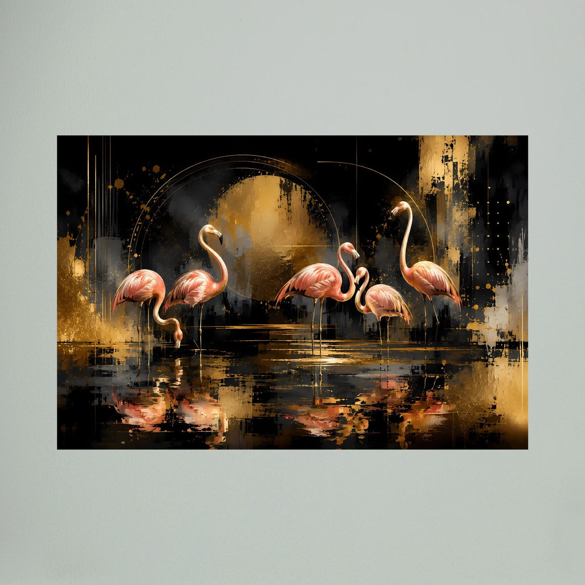 Querformat-Poster mit abstrakten Flamingos in Rosa, Schwarz und Gold