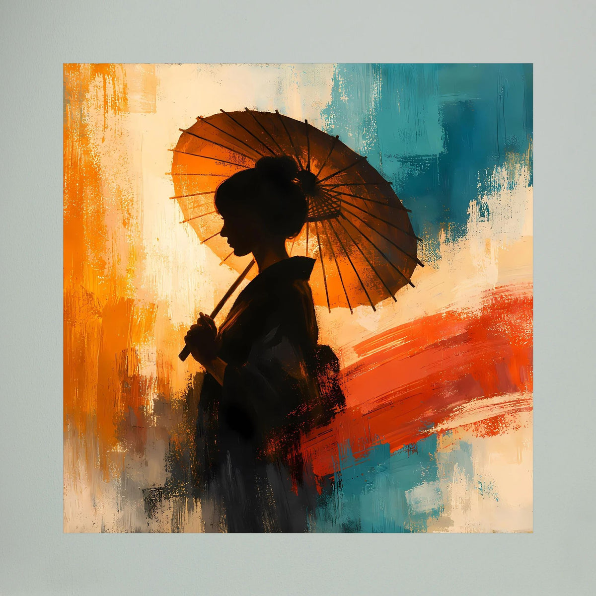 Keilrahmen-Leinwand mit Silhouette einer Frau und schwarzem Sonnenschirm, orange-blaues Motiv