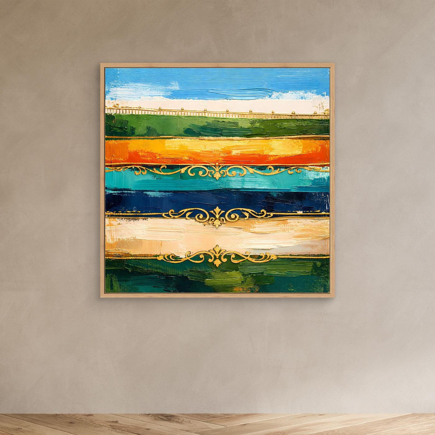 Leinwand Elegante Abstrakte Farbstreifen | Modernes Wandbild mit Goldornamenten