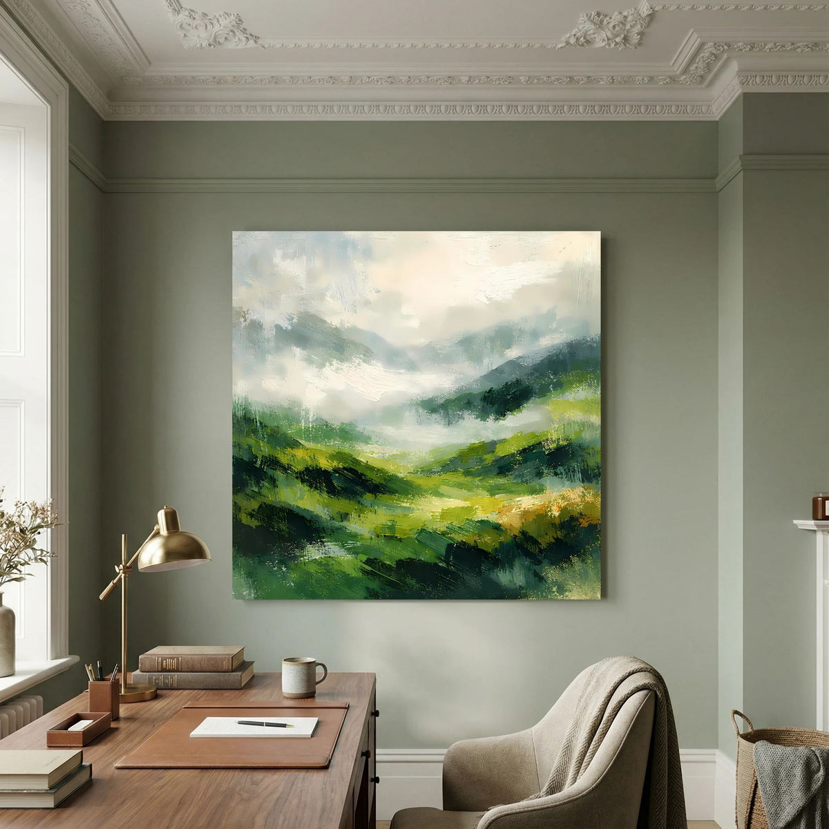 Leinwand Abstraktes Hügellandschaft Gemälde | Modernes Grünes Tal Wandbild Natur