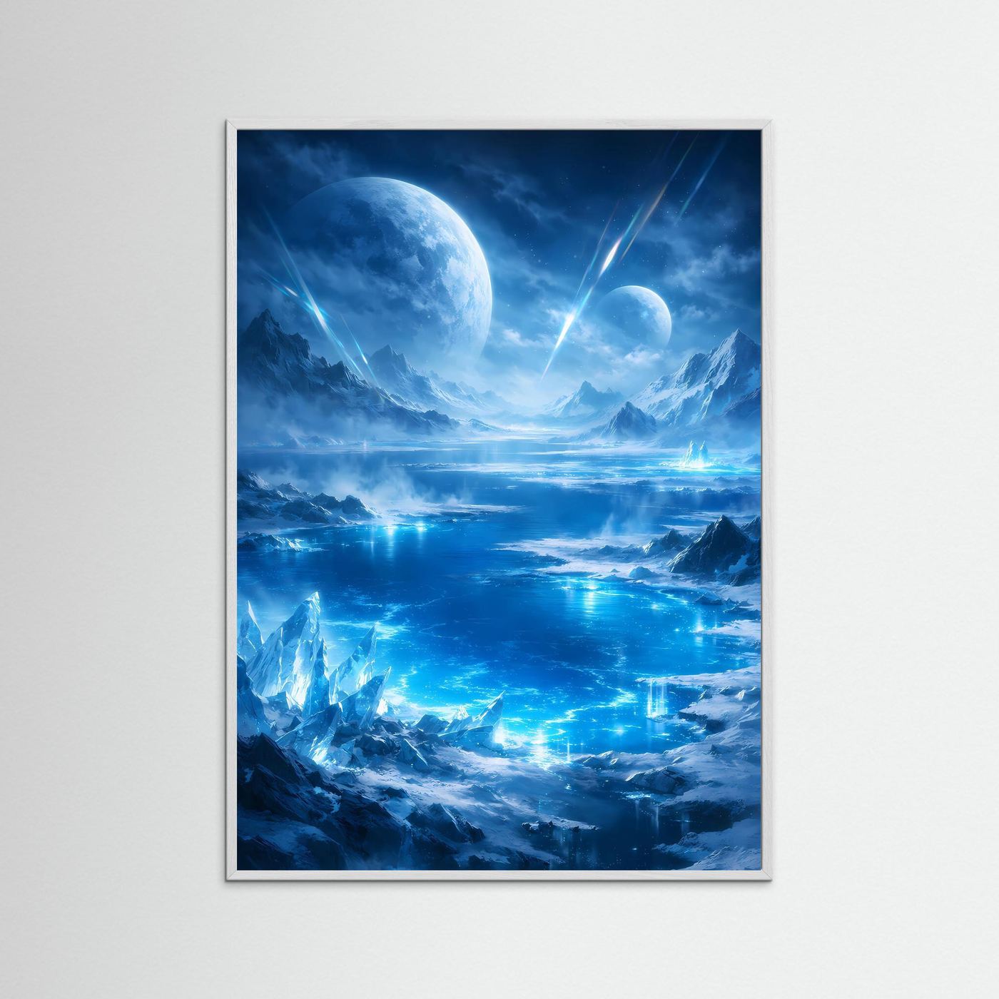 Sci‑Fi-Kunstposter im weißem Rahmen: blaue Eislandschaft, riesige Monde und leuchtende Strahlen