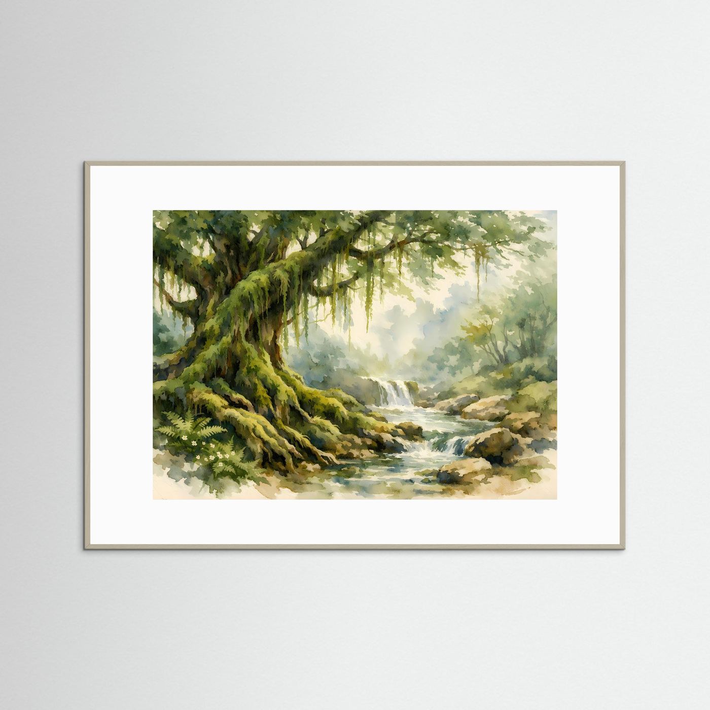 Mysteröser Urwaldbaum am Flusslauf | Aquarell Natur & Urwald Poster Querformat