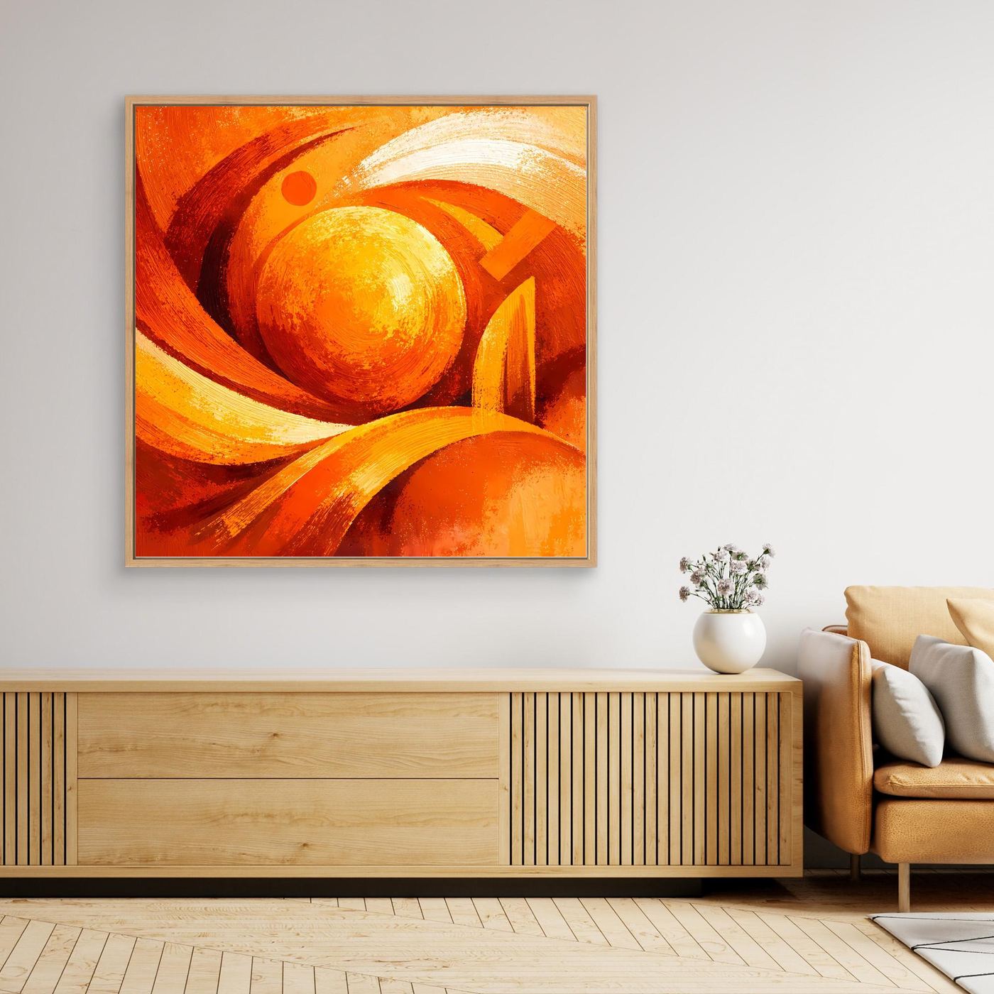Quadratisches abstraktes Wandbild mit wirbelnder Sonne, orange und Gelb, heller Holzrahmen
