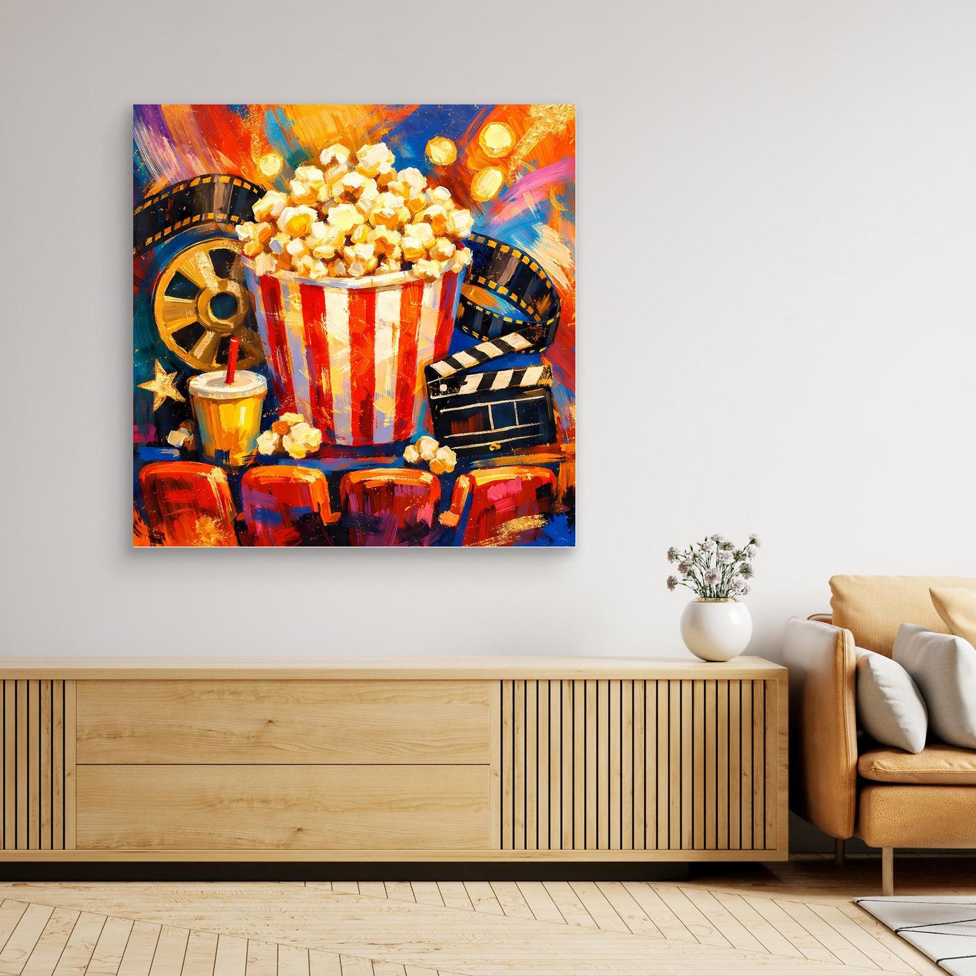 Leinwandbild mit Popcornschale, Filmstreifen und kleiner Kerzenflamme im Vordergrund