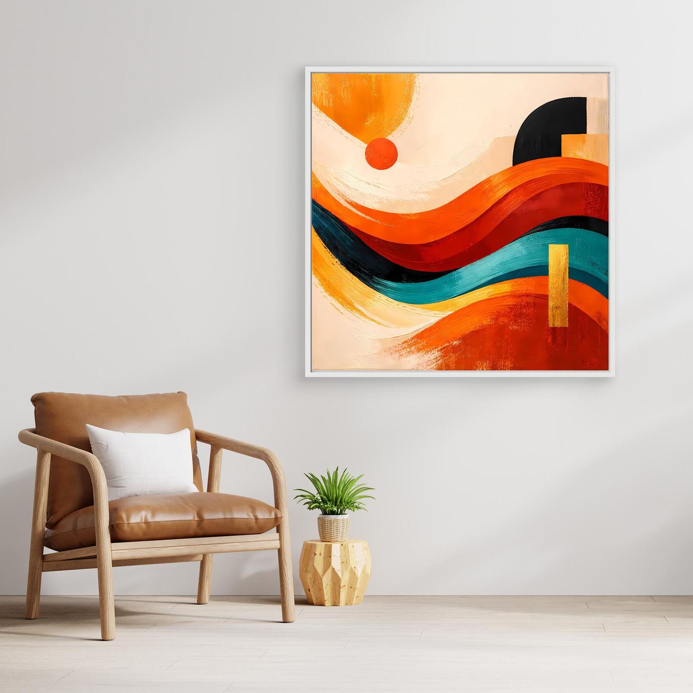Abstraktes Leinwandbild mit Dünenwellen in Orange und Blau, weiß gerahmt