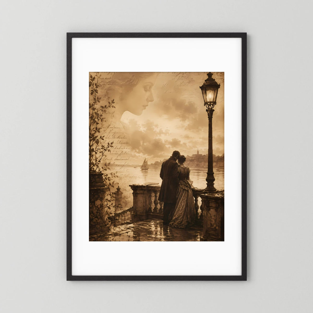 Hochformatiges Poster mit schwarzem Rahmen und weißem Rand: Frau und Mann, Laterne, sepia