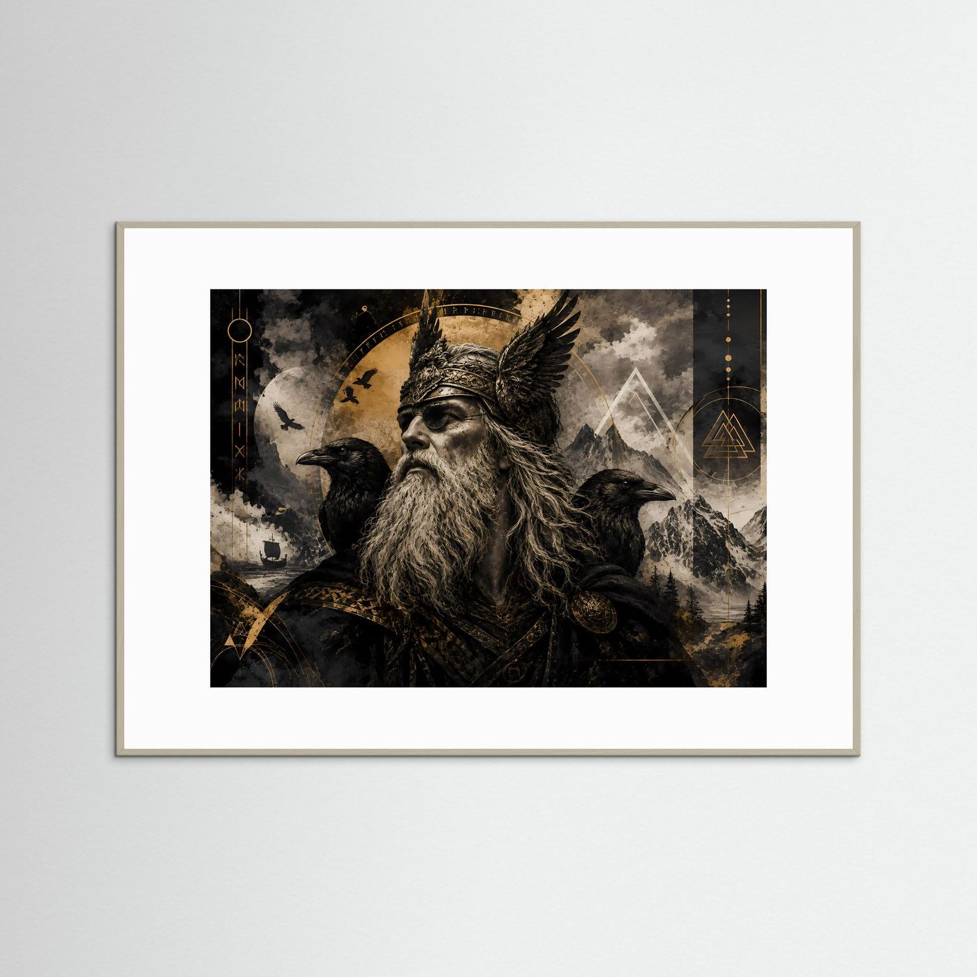 Querformat-Poster mit Odin und Raben, schwarzer Motivdruck mit goldenen Akzenten, in hellem Rahmen