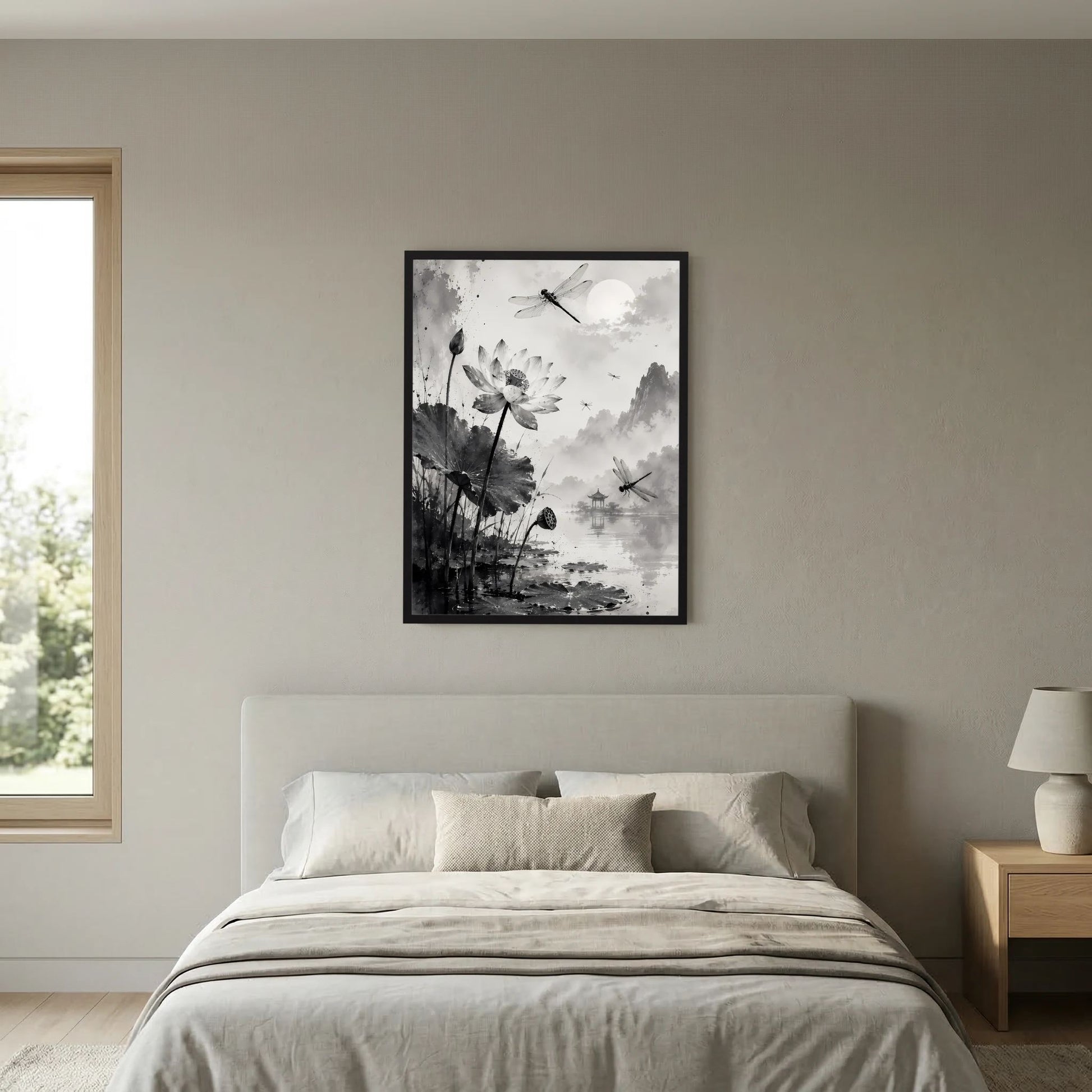 Hochformatiges Schwarzweiß-Poster mit Lotusblüten und Libellen, schwarzer Rahmen