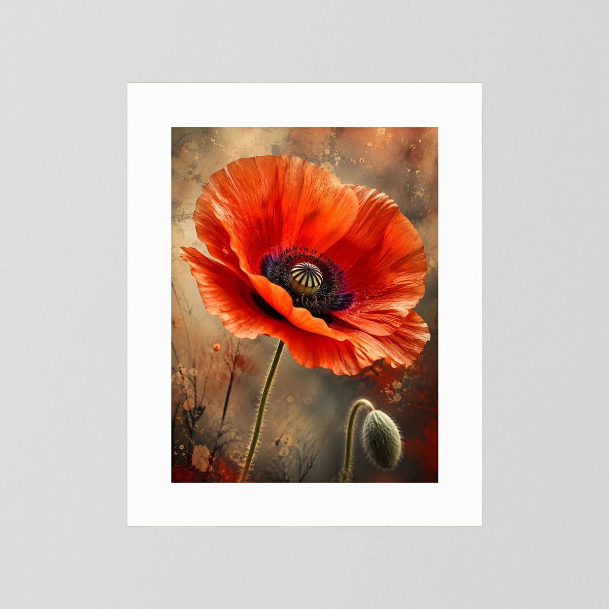 Mohnblumen-Poster: rote Mohnblüte vorwärts, weißer Rand, ohne Rahmen